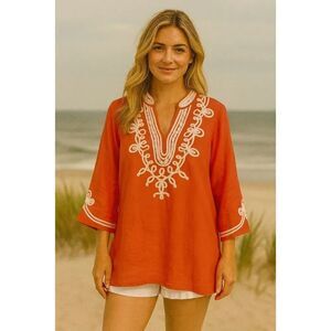 Charter Club 100% linen luxury coral lace trim tunic blouse MP